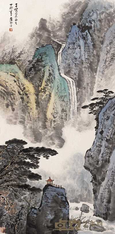 应野平 1987年作 黄山松云飞瀑图 立轴 134×66.5cm
